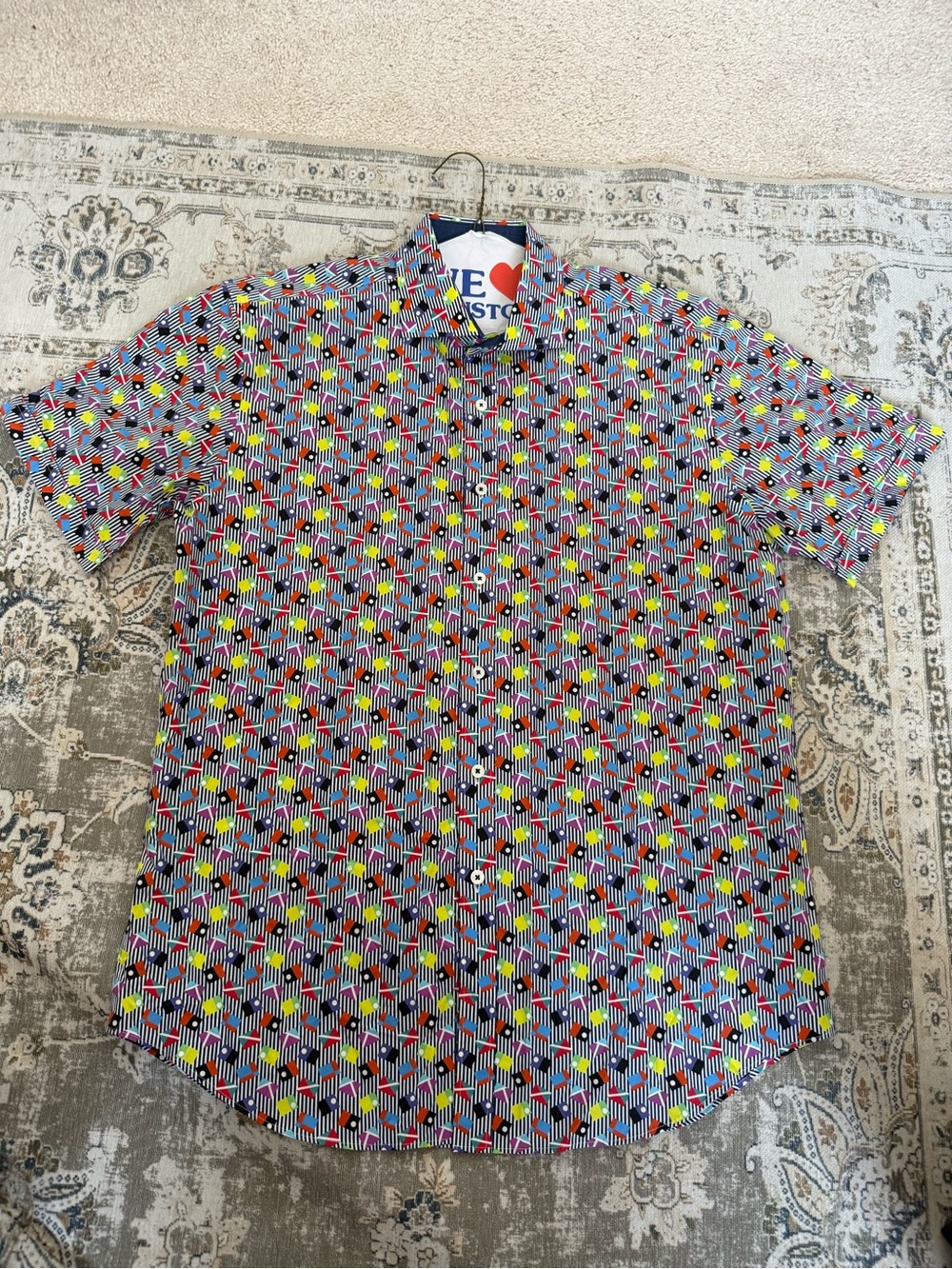 Bugatchi Short-Sleeve Geometric Print Button-Down in Red, Yellow, Blue